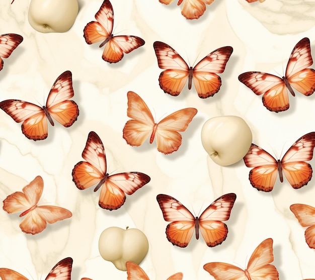 Foto borboletas e maçãs estão espalhadas em uma superfície branca generativa ai