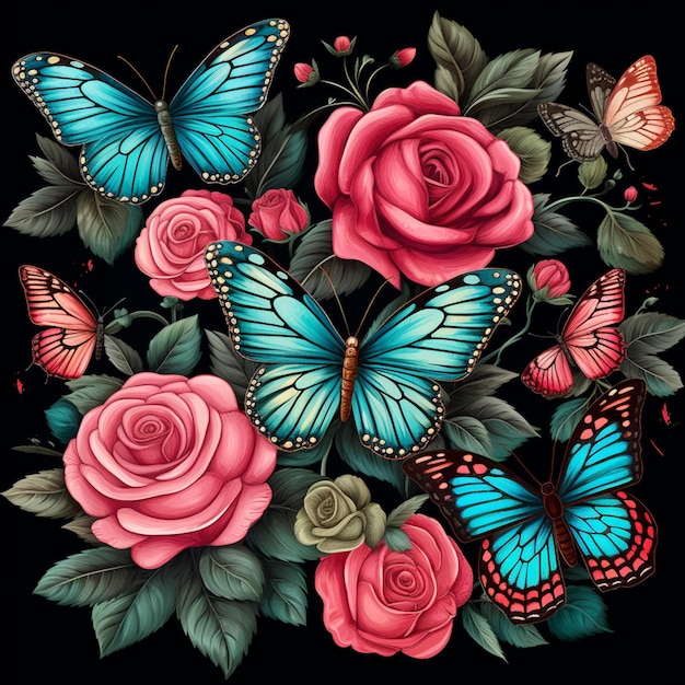 borboletas e rosas com borboletas azuis e rosa em um fundo preto generativo ai