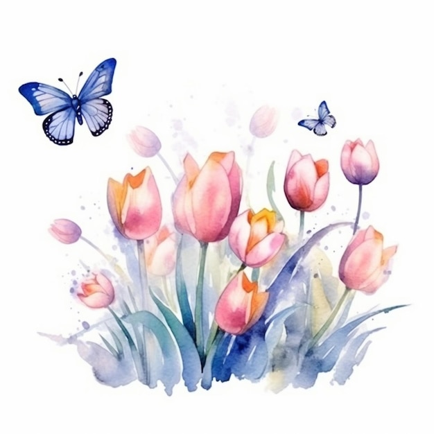 Foto borboletas e tulipas pintura a aquarela pela artista michelle generative ai