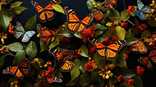 Borboletas em flores Um belo conjunto de insetos coloridos