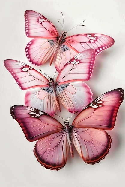 Borboletas em um fundo branco com borboletas rosa e azuis