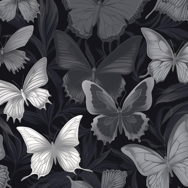 Borboletas em um padrão preto e branco com folhas generativas ai