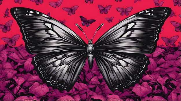 borboletas estão voando em torno de um fundo rosa com flores roxas AI generativa
