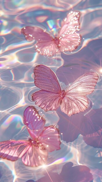 Foto borboletas flutuando em uma piscina de água com o sol refletindo sobre eles