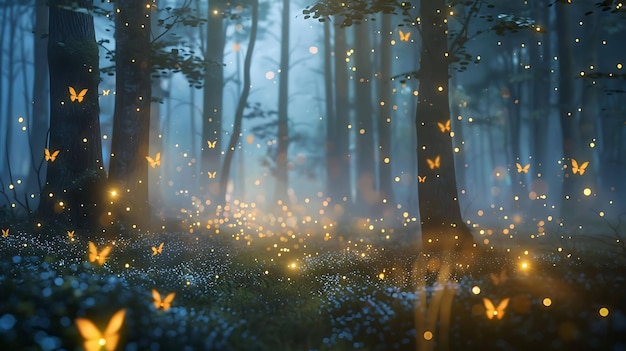 Foto borboletas místicas voam através de uma floresta encantada suas asas brilham suavemente à luz da lua