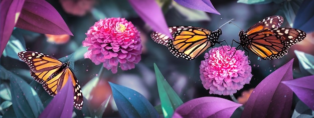 Borboletas monarca em flores cor de rosa em um jardim de fadas Fundo de primavera de verão Formato de banner Jardim do país das maravilhas