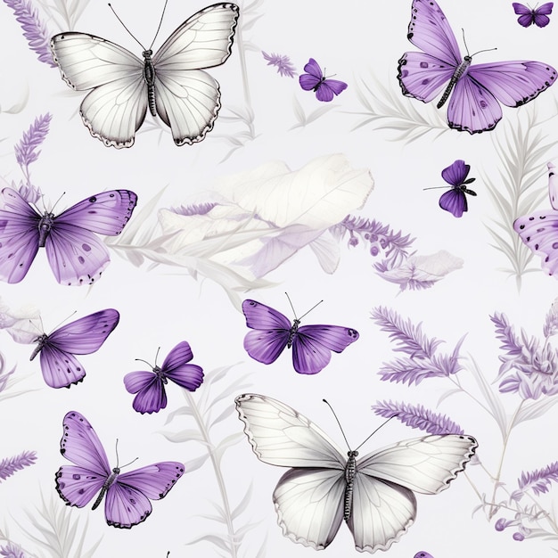 borboletas roxas e flores de lavanda em um fundo branco generativo ai