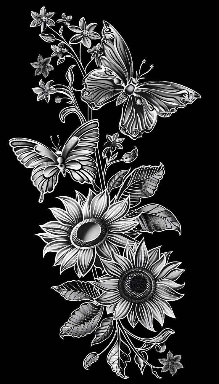 Foto borboletas tribais e girassóis tatuagem ilustração em preto e branco