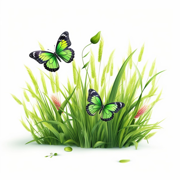 borboletas verdes flutuam graciosamente em meio à grama verdejante, criando uma cena cativante contra um fundo branco imaculado. esta ilustração altamente realista e vibrante mostra a imagem perfeita