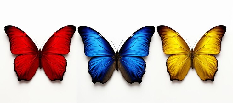 Foto borboletas vermelhas, azuis e amarelas coloridas em fundo branco para um apelo visual impressionante