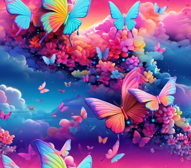borboletas voando no céu com flores e nuvens generativo ai