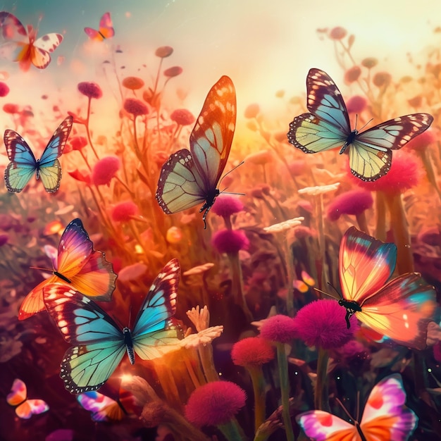 borboletas voando sobre um campo de flores com um fundo de céu generativo ai