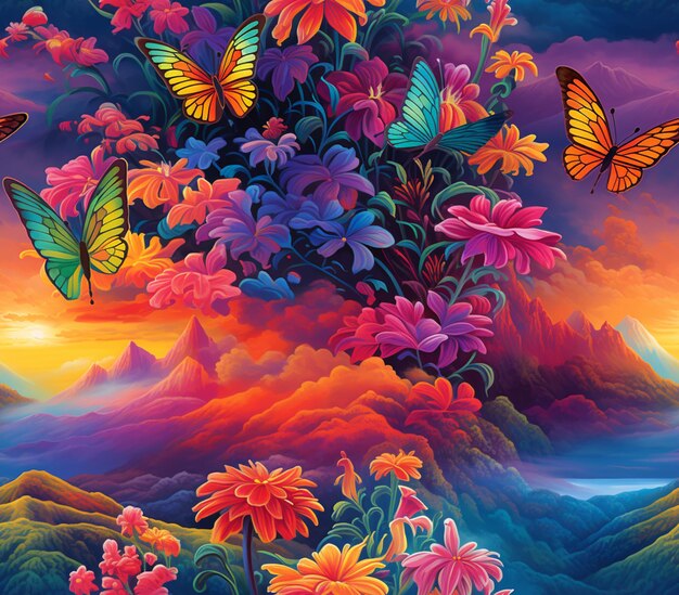 Foto borboletas voando sobre uma montanha com flores e um pôr-do-sol generativo ai