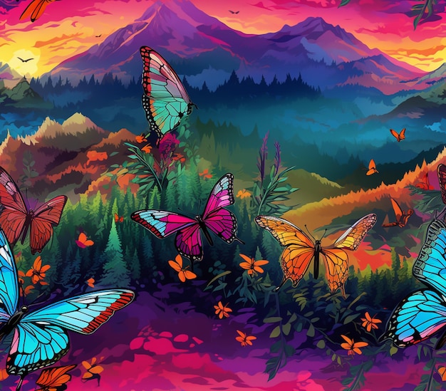 borboletas voando sobre uma paisagem de montanha com um céu colorido generativo ai