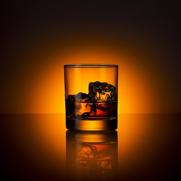 Borbón de vaso de whisky con rocas de cubitos de hielo y naranja puesta de sol amanecer verano