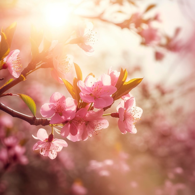 Borda da primavera ou arte de fundo com flor rosa Bela cena da natureza com árvore florescente e reflexo solar gerado ai