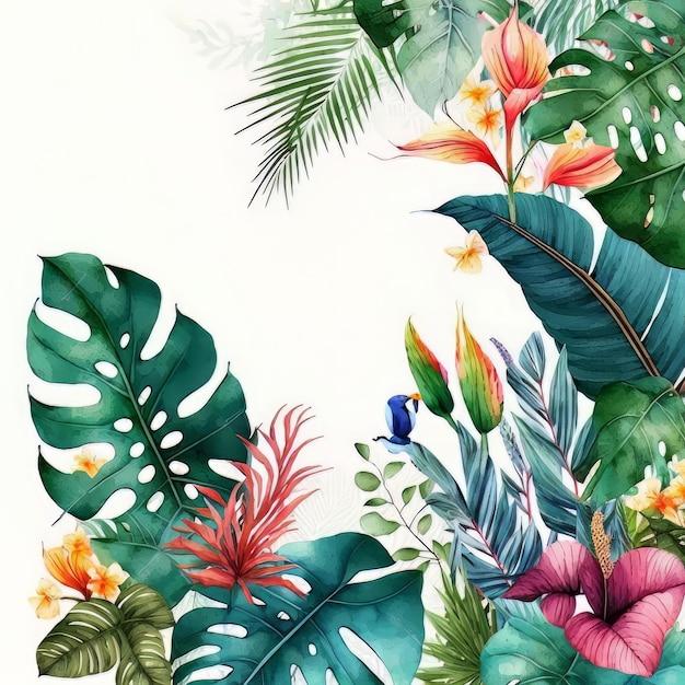 Borda de aquarela de cores vivas e fofas com plantas tropicais Ilustração AI Generative