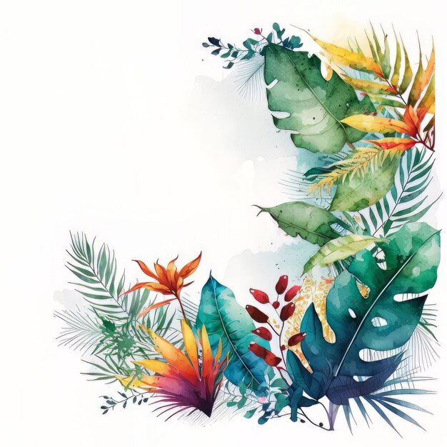 Foto borda de aquarela de cores vivas e fofas com plantas tropicais ilustração ai generative