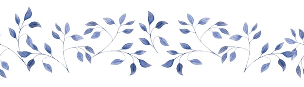 Foto borda de aquarela sem costura com pequenos galhos azuis de folhas em um fundo branco