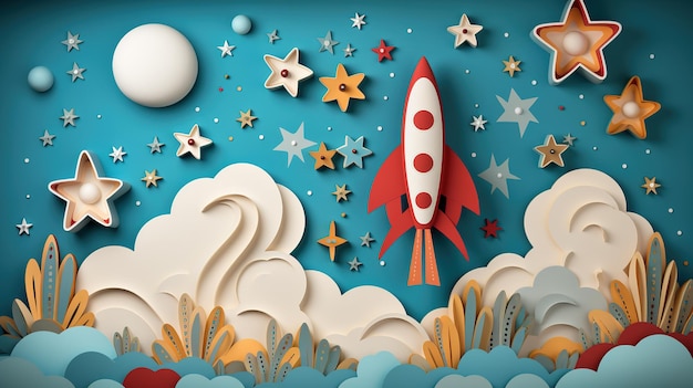 borda de estilo de corte de papel com espaço de cópia com foguetes e planetas crianças cartão cores pastel