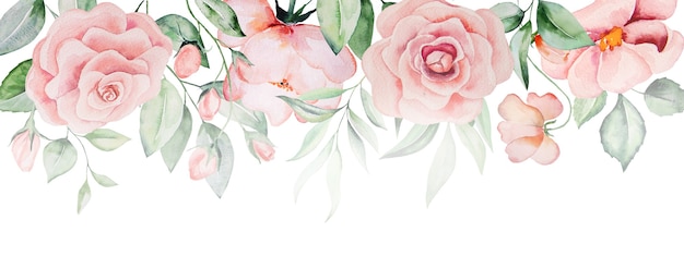 Borda de flores rosa aquarela e folhas verdes, ilustração romântica em pastel para papel de carta de casamento, saudações, papel de parede, moda, cartazes