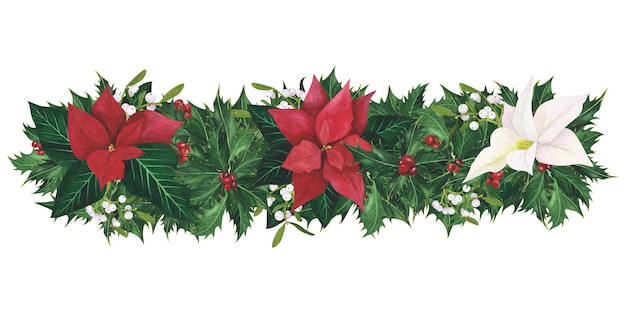 Borda de guirlanda com folhas de azevinho de Natal bagas Poinsettia visco Ilustração em aquarela para pôster de modelo