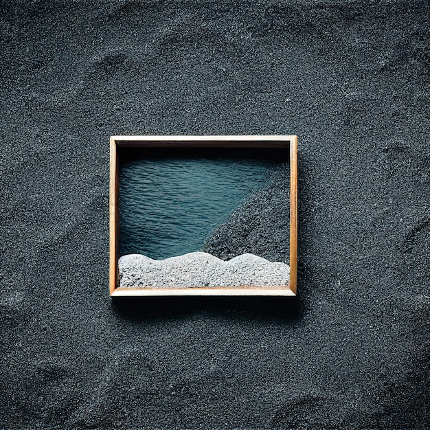 Borda de moldura de madeira na areia preta com copyspace d render ilustração digital