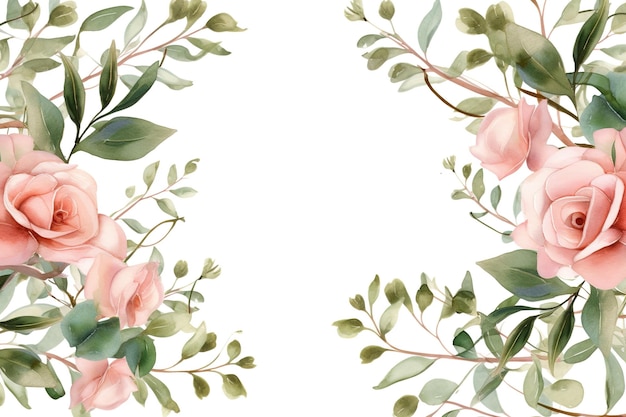 Borda de moldura floral aquarela com folhas e rosas