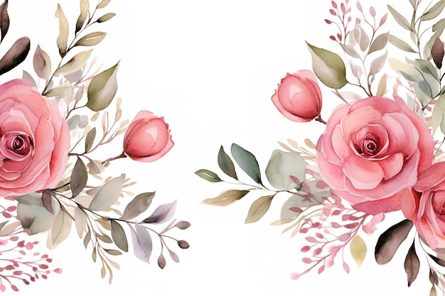 Foto borda de moldura floral aquarela com folhas e rosas