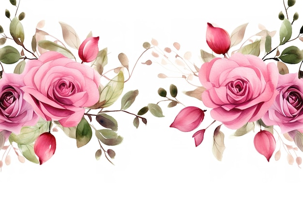 Borda de moldura floral aquarela com folhas e rosas
