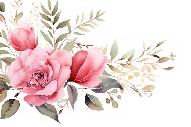 Borda de moldura floral aquarela com folhas e rosas