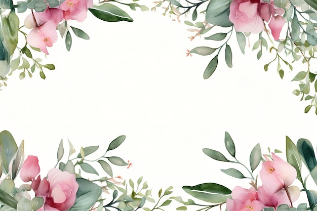 Borda de moldura floral aquarela com folhas e rosas