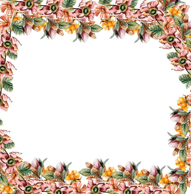 Borda de moldura quadrada de outono de flores para cartão Ilustração em aquarela para scrapbooking