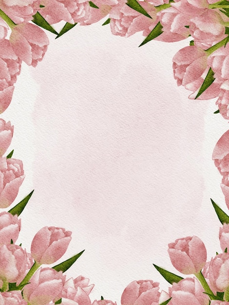 borda de tulipas em aquarela no fundo rosaBelo cartão de saudação com moldura de flores de primavera