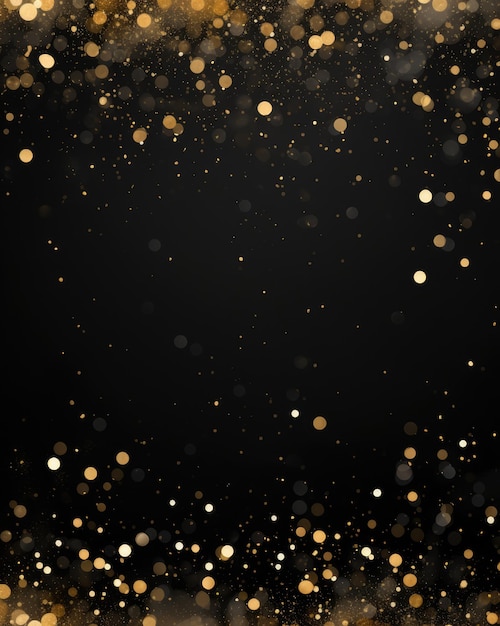 Foto borda dourada brilhante em um fundo preto com brilho metálico cintilante e confetes cintilantes