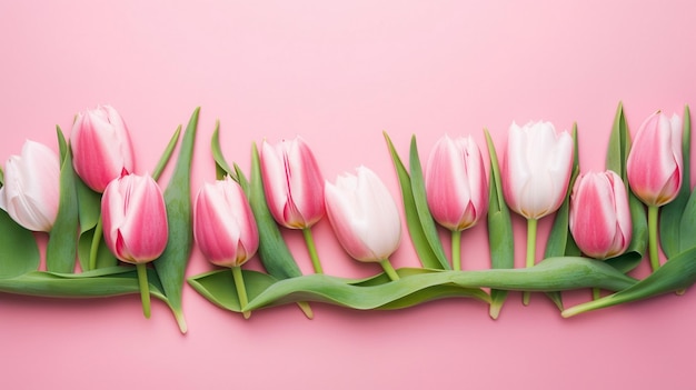 Borda floral de tulipa e flores rosas em fundo rosa