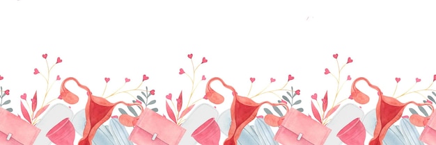 Borda sem costura com itens de higiene feminina Impressão em aquarela desenhada à mão representando absorventes femininos copos menstruais tampões útero galhos flores