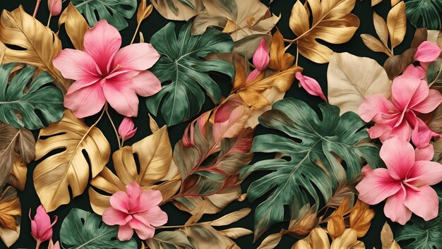 Borda tropical sem costura ilustração de luxo exótica verde bege marrom rosa folhas douradas