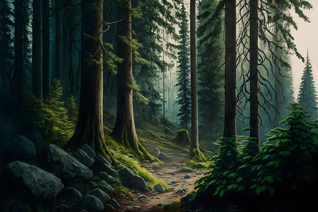 Borda verde velha da umidade da floresta e musgo nas árvores Caminho que conduz através de uma densa floresta de conto de fadas