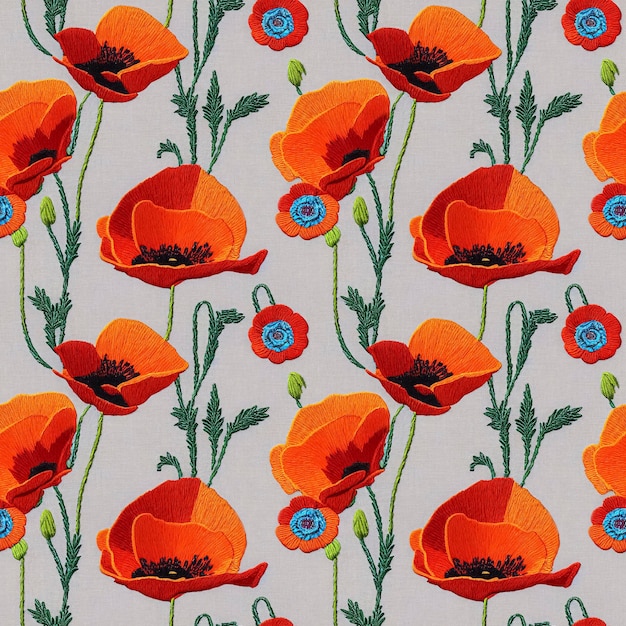 Foto bordado amapolas de patrones sin fisuras fondo de tela de repetición de flores de estilo vintage ai generativo