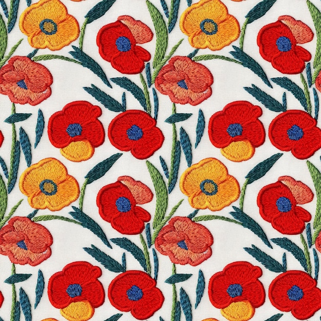 Bordado amapolas de patrones sin fisuras Fondo de tela de repetición de flores de estilo vintage AI generativo