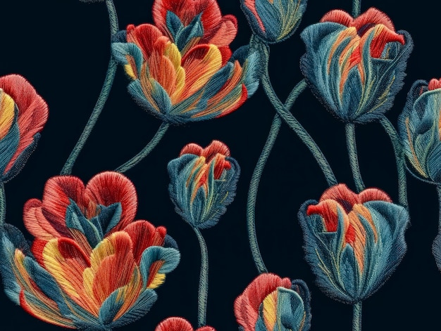 Bordado sin costuras con colores de tulipanes y diseño de tela textil