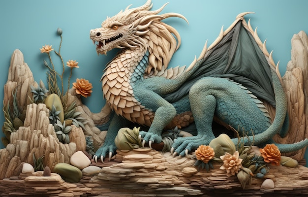 bordado de tecido de fantasia de dragão em fundo escuro bordado de pano detalhado de altura