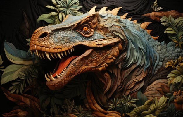 bordado de tecido de tronco de dinossauro em floresta e flores fantasia em fundo escuro bordado de pano de tronco detalhado de altura
