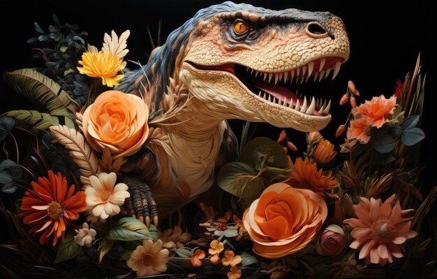 bordado de tecido de tronco de dinossauro em floresta e flores fantasia em fundo escuro bordado de pano de tronco detalhado de altura