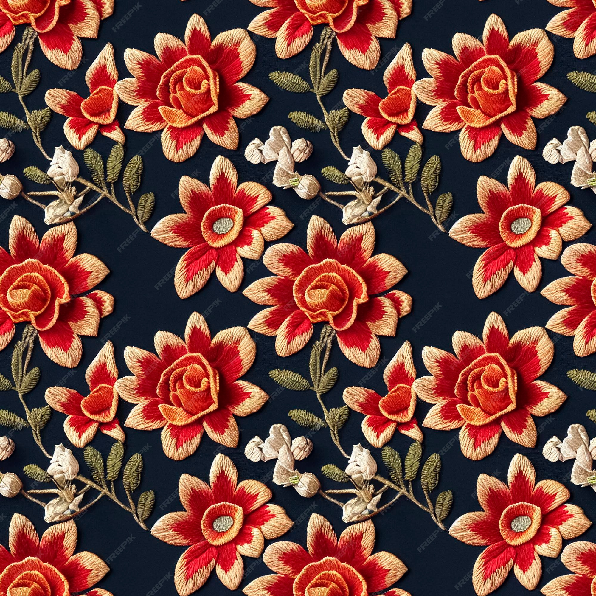 Bordado floral de patrones sin fisuras flores bordadas que repiten el telón  de fondo de tela ilustración 3d | Foto Premium