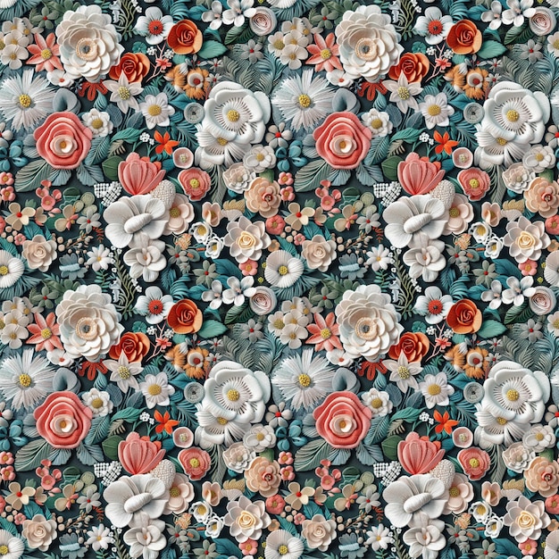Bordados florais a partir de fios de lã de tricô com padrão sem costura