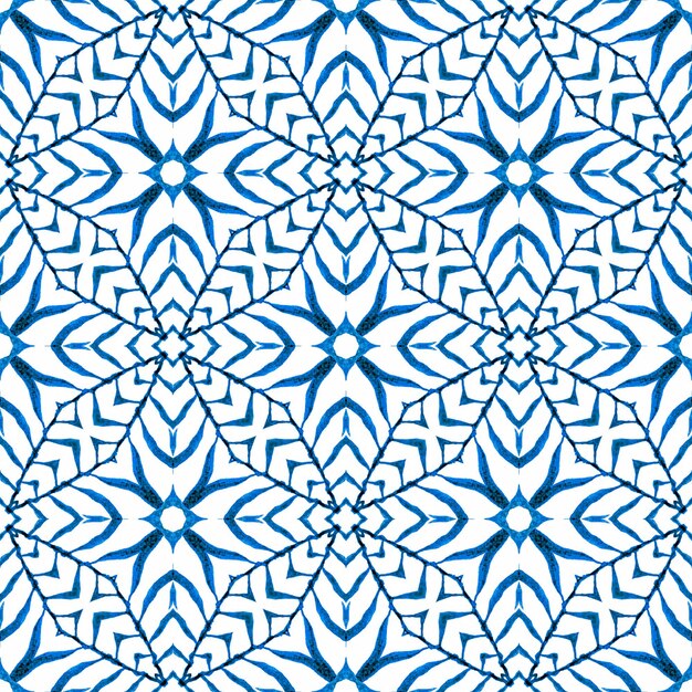 Borde de acuarela de azulejos pintados a mano. Inmaculado diseño de verano boho chic azul. Textil listo para imprimir, tela para trajes de baño, papel tapiz, envoltura. Fondo de acuarela de azulejos.