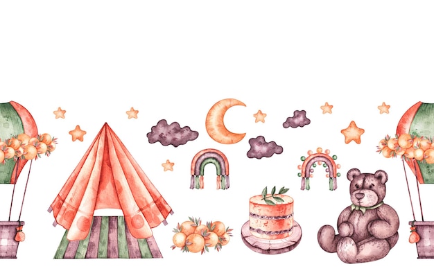 Borde de acuarela en estilo boho con carpa luna osito de peluche