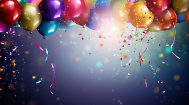Borde colorido con globos y composición de confeti con decoración de cumpleaños.